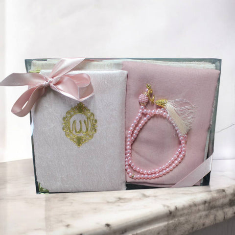 Frauen Geschenkset 4 tlg. Gebetsteppich + 99er Gebetskette+ Koran Juz + Hijab